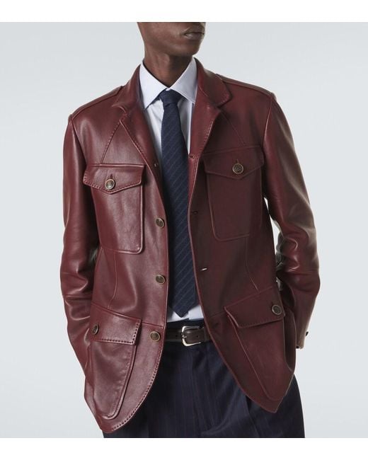 Brunello Cucinelli Red Leather Field Jacket for men