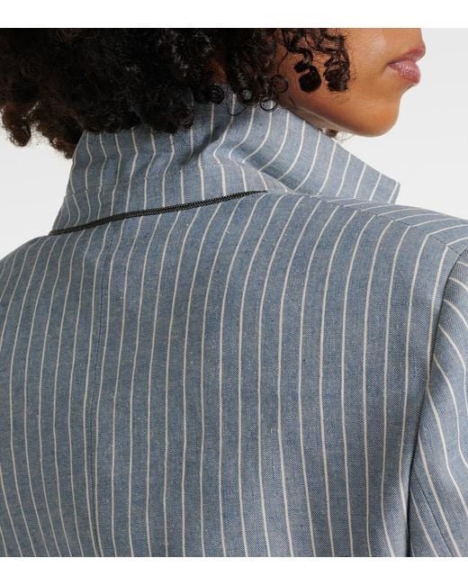Brunello Cucinelli Blue Pinstripe Linen, Cotton, And Hemp Blazer
