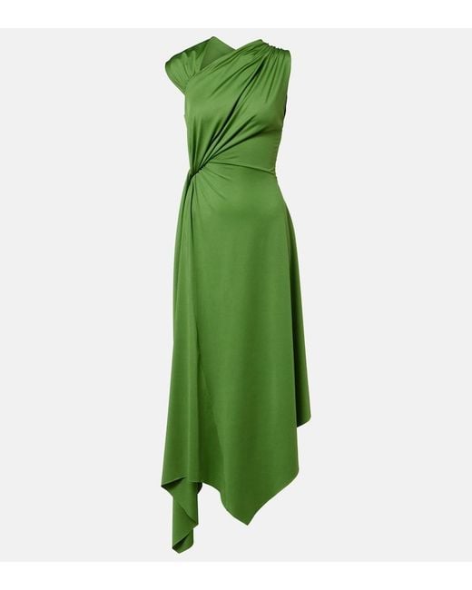 Victoria Beckham Green Asymmetric Gathered Jersey Midi Dress