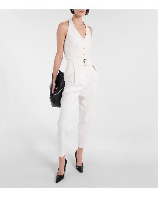 Veronica Beard White Sofia High-Rise Linen-Blend Tapered Pants
