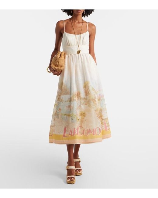 Zimmermann Natural Como Printed Linen And Silk Midi Dress