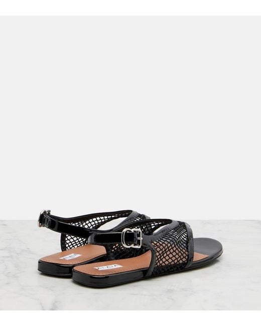 Alaïa Black Leather-Trimmed Fishnet Thong Sandals