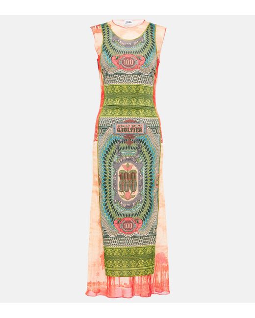Jean Paul Gaultier Green Printed Tulle Maxi Dress