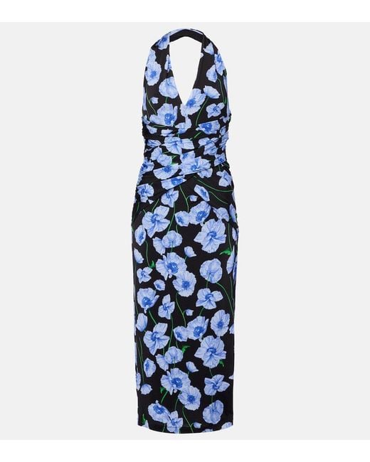 Carolina Herrera Blue Floral Gathered Midi Dress