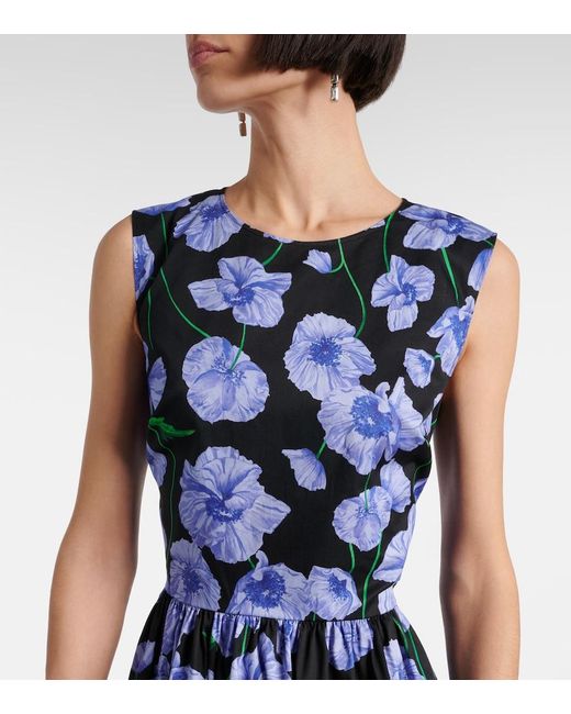 Carolina Herrera Blue Floral Belted Cotton-Blend Midi Dress
