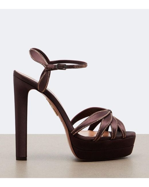 Aquazzura Brown Soulmate Crystal Satin Platform Sandals