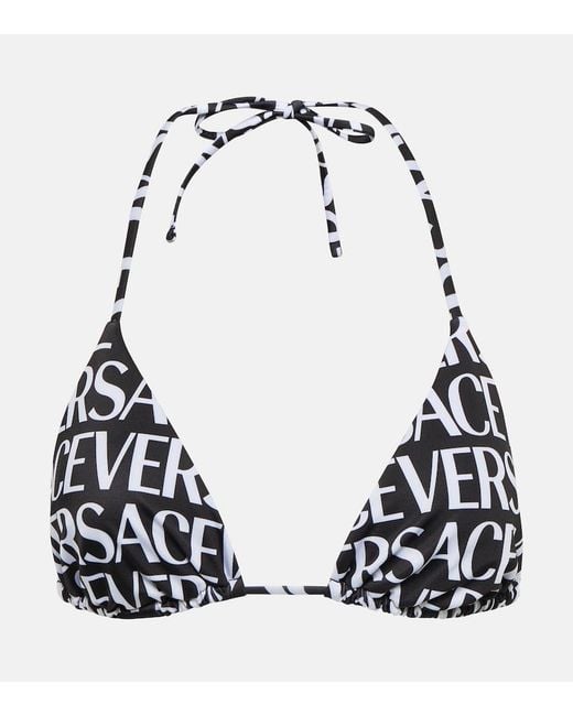 Versace Black Logo Print Halterneck Bikini Top