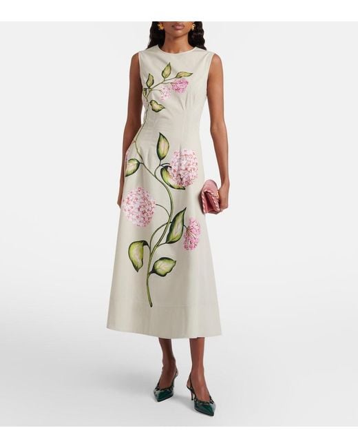 Oscar de la Renta Metallic Porcelain Cotton-Blend Poplin Midi Dress