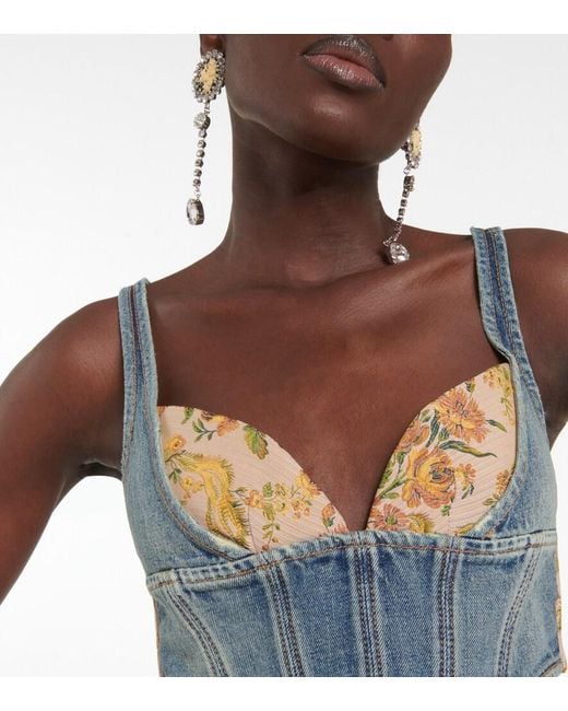 Alessandra Rich Blue Floral Cropped Denim Bustier Top