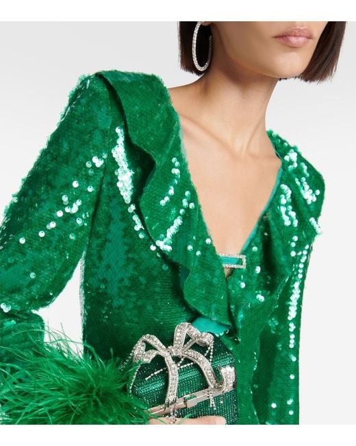 Self-Portrait Green Feather-Trimmed Sequined Midi Dress