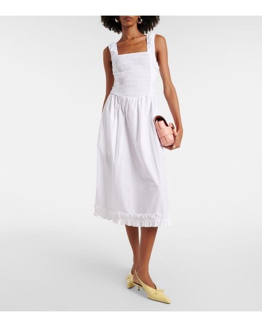 Ganni White Shirred Cotton Poplin Midi Dress
