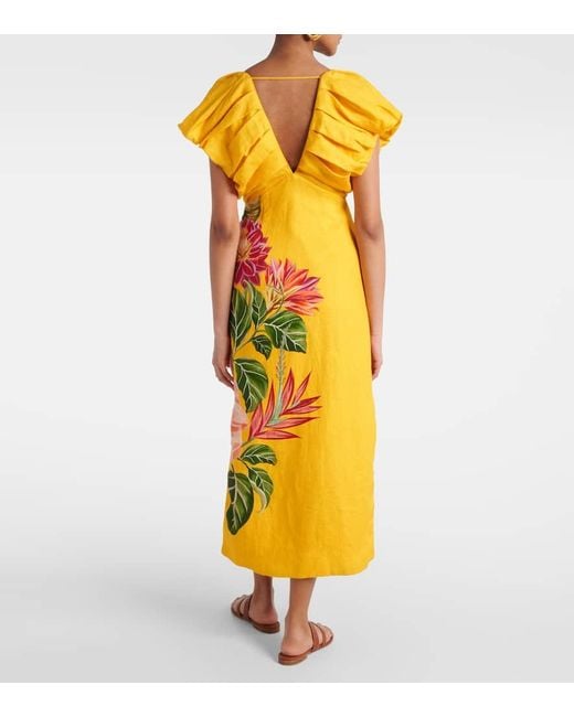 Farm Rio Yellow Spring Awakening Floral Linen Midi Dress