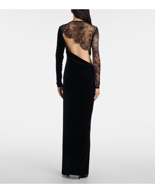 Robe Longue En Velours À Finitions En Dentelle Self-Portrait en coloris Black
