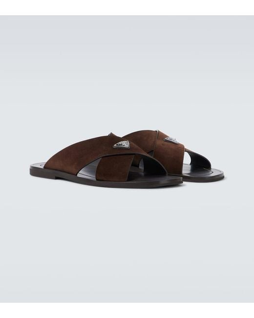 Prada Brown Logo Suede And Leather Sandals for men