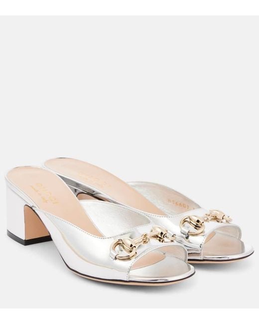 Gucci Natural Lady Horsebit Metallic Leather Mules