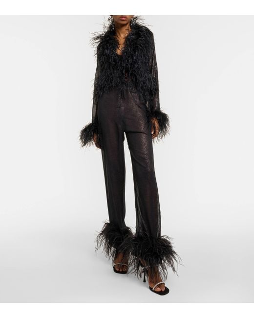Oseree Black Plumage Feather-trimmed Top