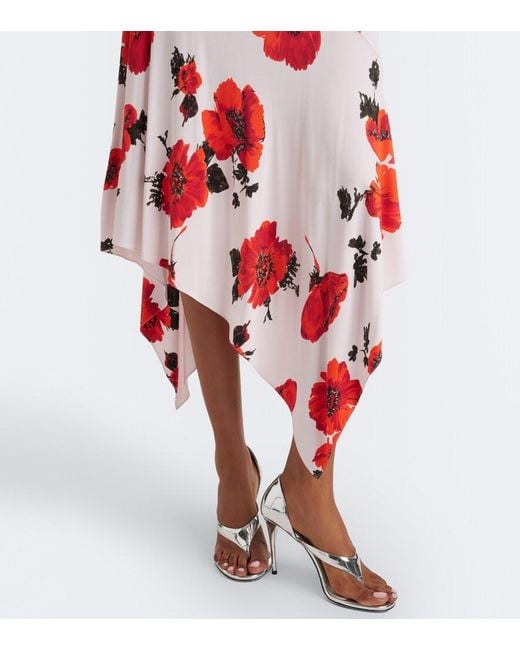 Alaïa Red Floral Asymmetric Jersey Midi Skirt