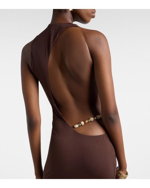 De La Vali Brown Maha Beaded Open-Back Jersey Gown