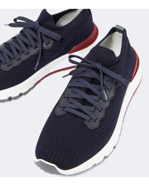Brunello Cucinelli Blue Knitted Leather-Trimmed Sneakers for men
