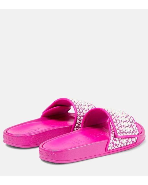 Jimmy Choo Pink Rubber Slides With Pearls