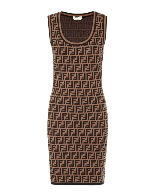 Robe courte en maille jacquard FF Fendi en coloris Brown