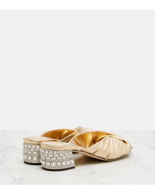 Jimmy Choo Natural Mala Embellished Metallic Leather Mules