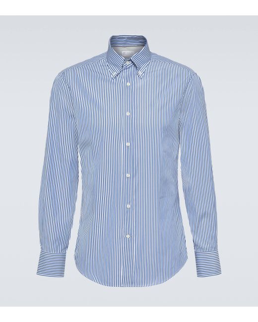 Brunello Cucinelli Blue Striped Cotton Shirt for men