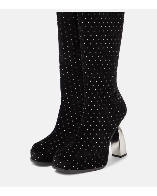NODALETO Black Angel S Embellished Velvet Knee-High Boots