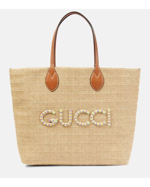 Gucci Natural Medium Logo Raffia-effect Tote Bag