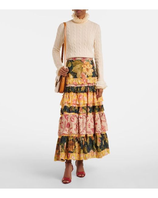 Falda Larga De Muselina De Algodon Con Patchwork Valentino de color Yellow