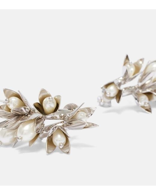 Simone Rocha Metallic Floral Faux Pearls Hoop Earrings