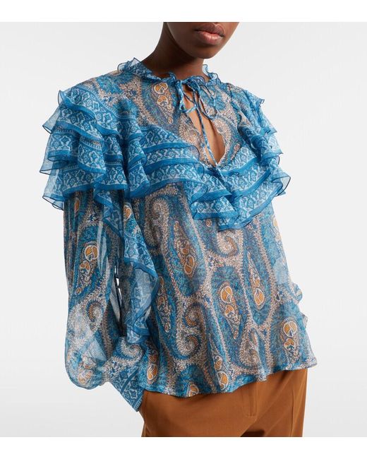 Etro Blue Paisley Ruffled Silk Blouse