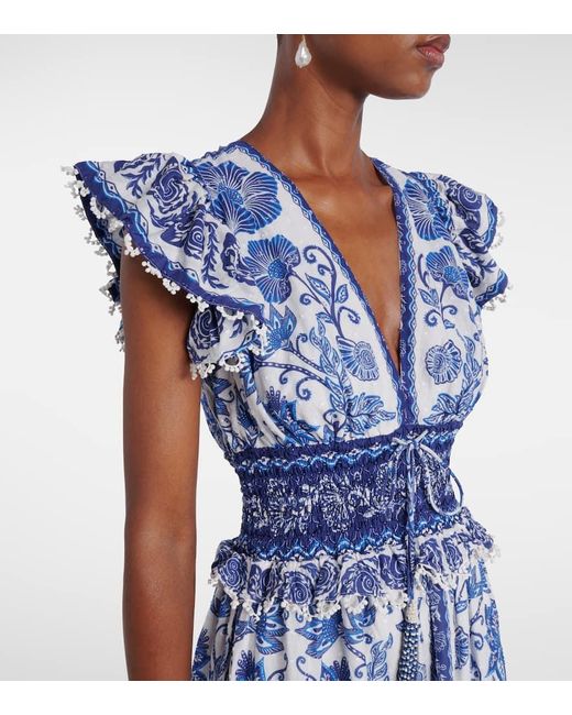 Farm Rio Blue Floral Tiered Cotton Maxi Dress