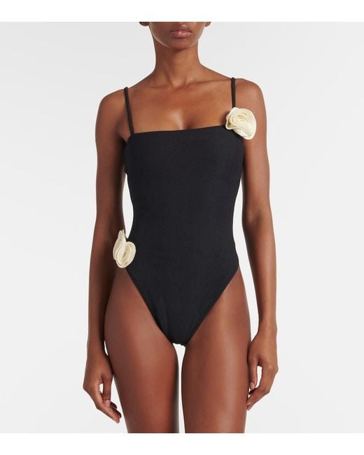 SAME Black Floral-Applique Swimsuit