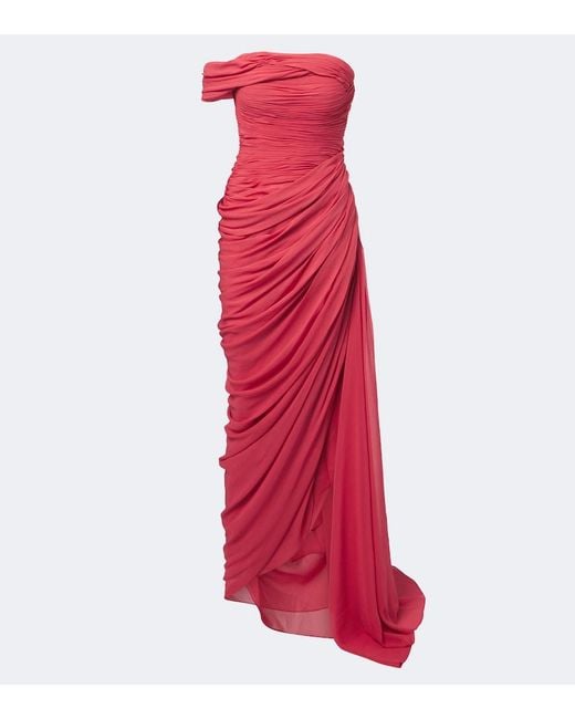 Oscar de la Renta Red Ruched Silk Georgette Gown