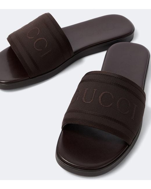 Gucci Brown Logo Canvas And Leather Slides for men