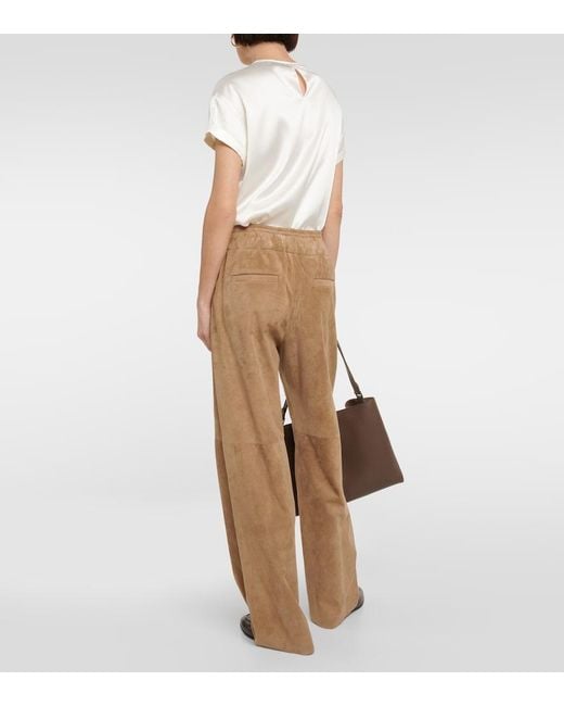 Brunello Cucinelli Natural Wide-Leg Suede Pants