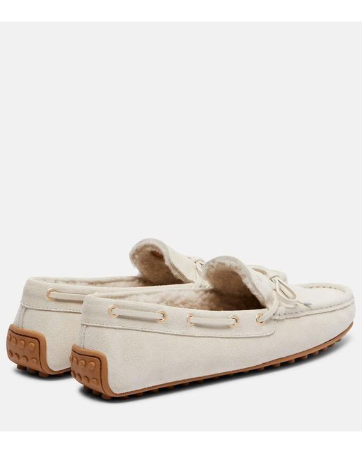 Tod's White Gommino Shearling-Lined Suede Boat Shoes