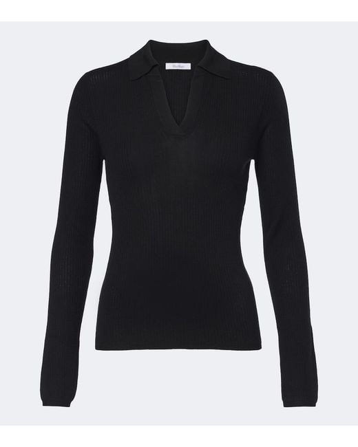 Max Mara Black Ribbed-Knit Silk And Cashmere Polo Sweater