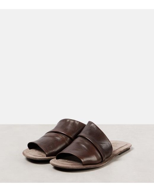 Brunello Cucinelli Brown Ruched Leather Slides
