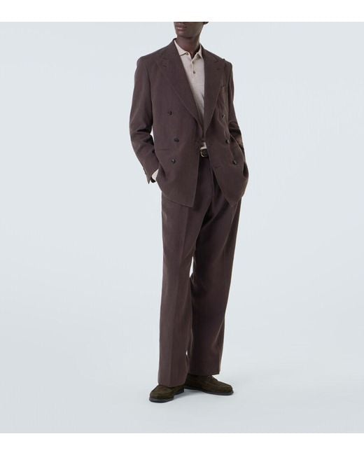 Saman Amel Brown Double-Breasted Linen Canvas Blazer for men