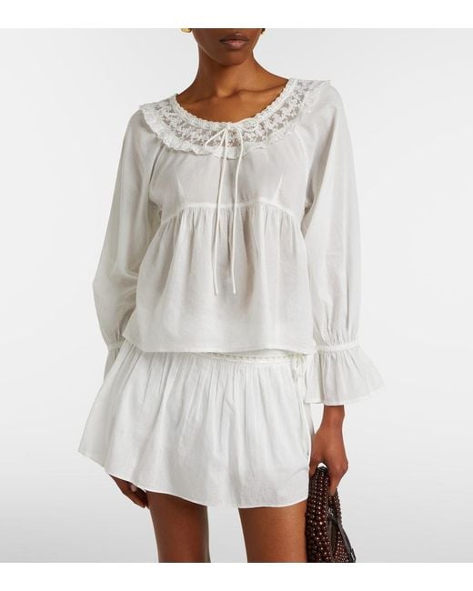 Posse White Danielle Lace-Trimmed Cotton Blouse