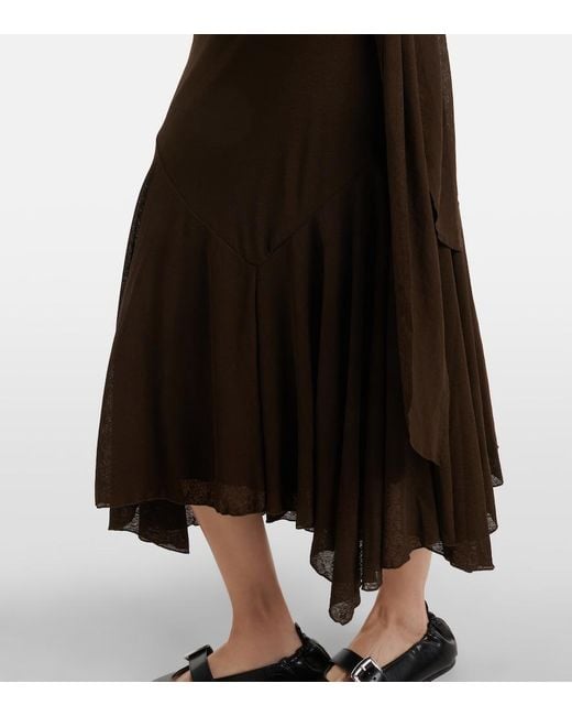 Ganni Brown Asymmetric Draped Mesh Midi Dress