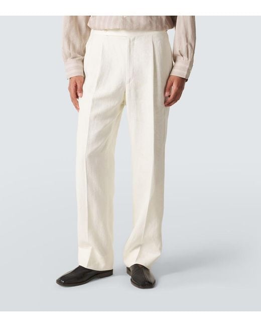 STÒFFA White Pleated Linen Wide-Leg Pants for men