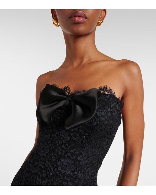 Alessandra Rich Black Bow-Detail Asymmetric Lace Bustier Dress