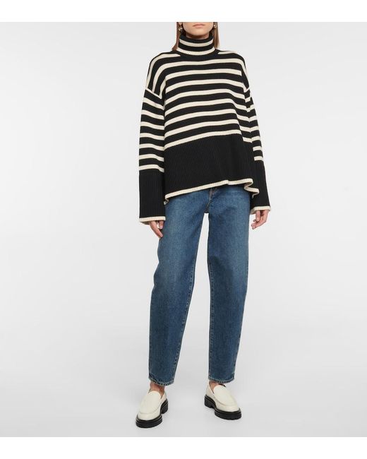 Totême Black Striped Wool-Cotton Turtleneck Jumper