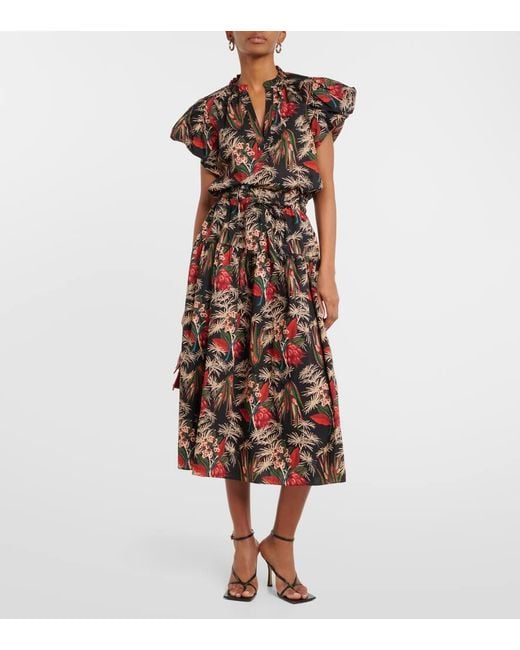 Ulla Johnson Red Fernanda Cotton Poplin Midi Skirt