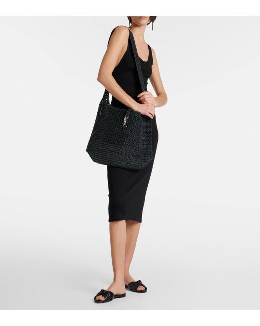 Saint Laurent Black Le 5 A 7 Medium Raffia Shoulder Bag