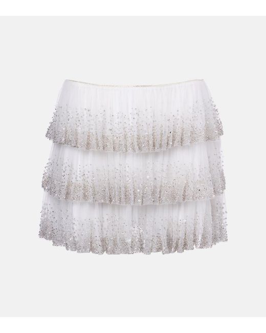 Clio Peppiatt White Evie Beaded Tiered Tulle Miniskirt