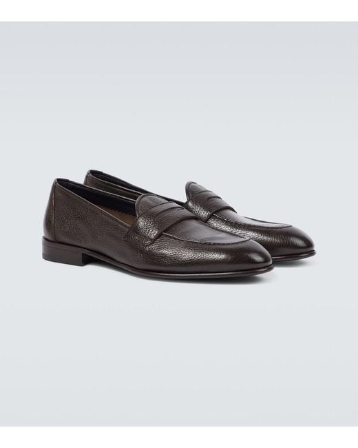 Brioni Brown Appia Grained Leather Penny Loafers for men